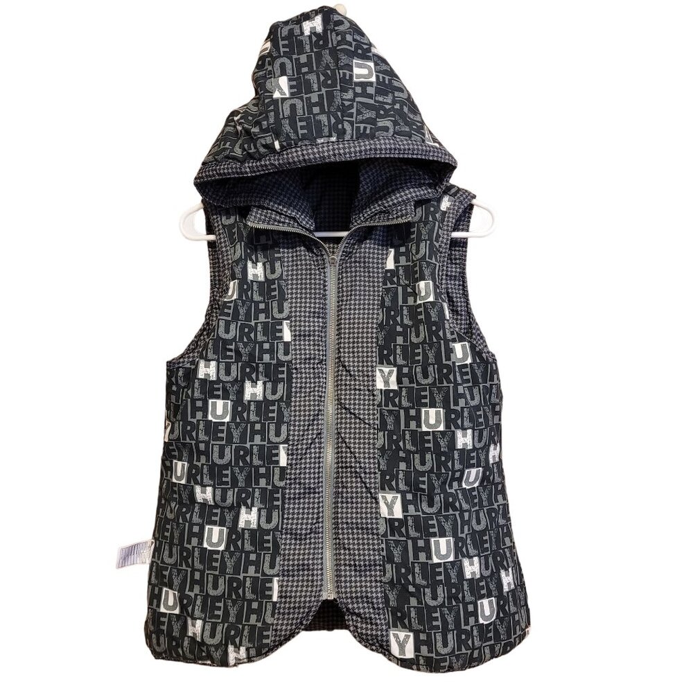 Hurley Women's Size Large Reversible Puffer Vest Black White Grey Hood Pockets